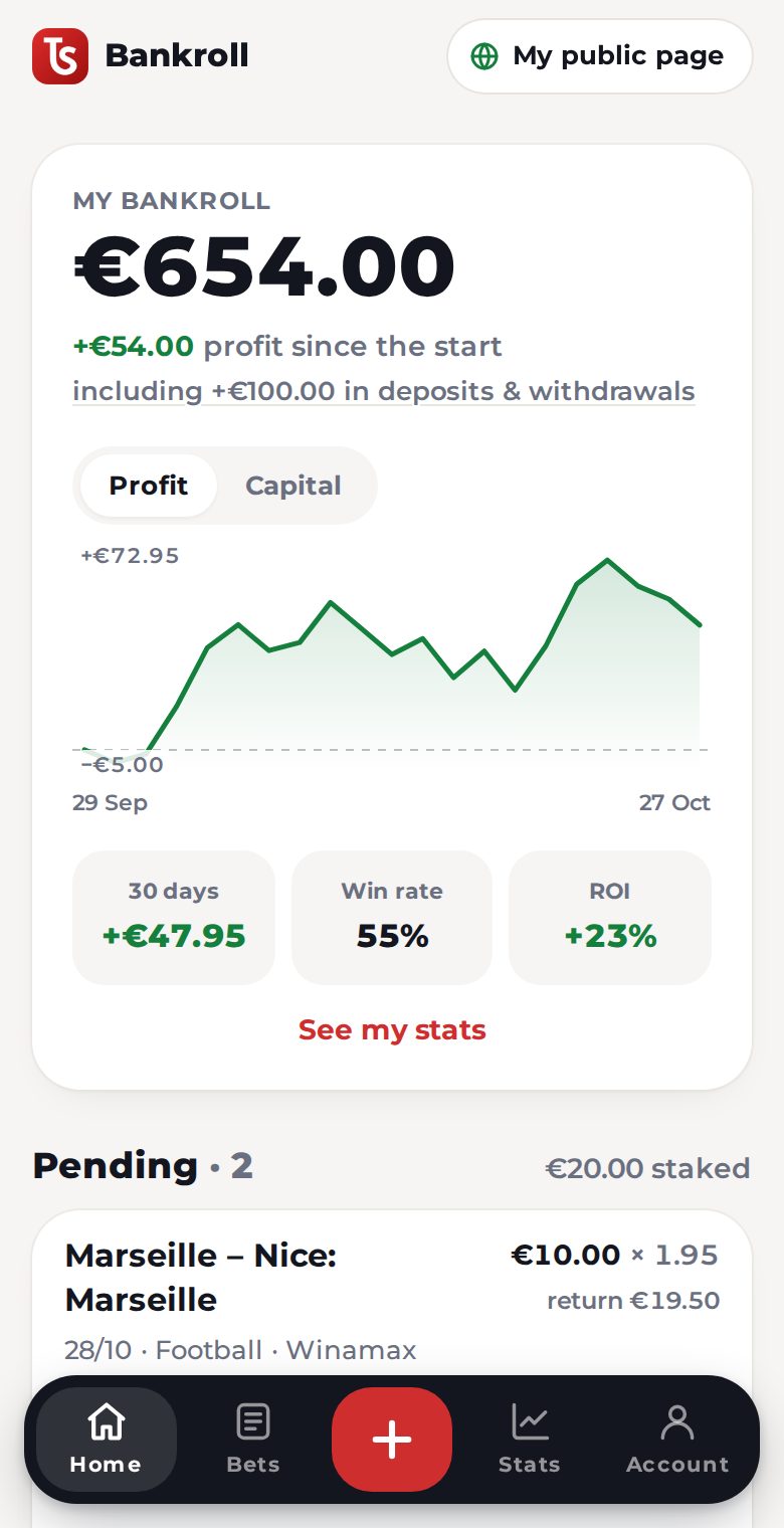 App home screen: bankroll, profit and growth curve