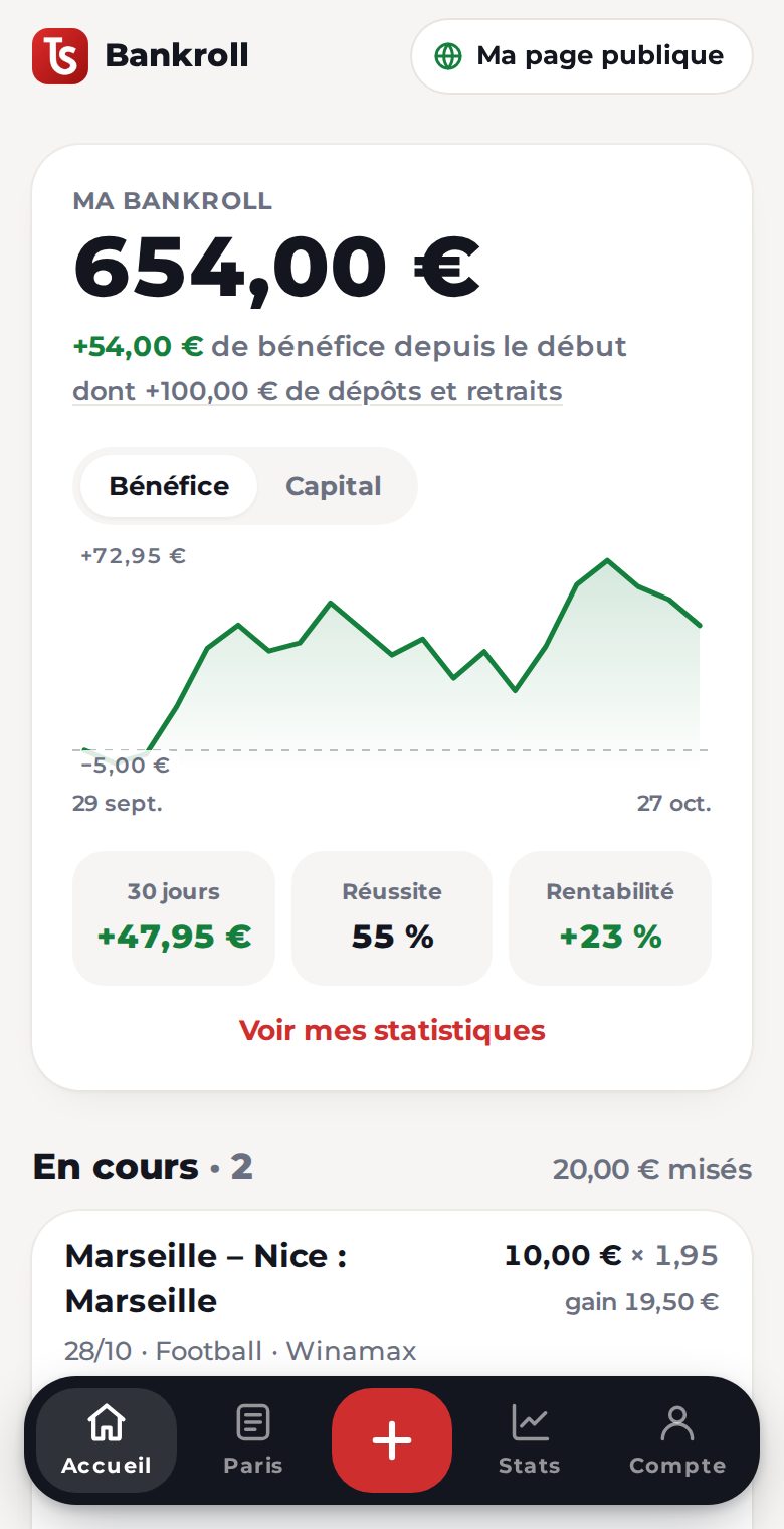 Accueil de l'application : bankroll, bénéfice et courbe