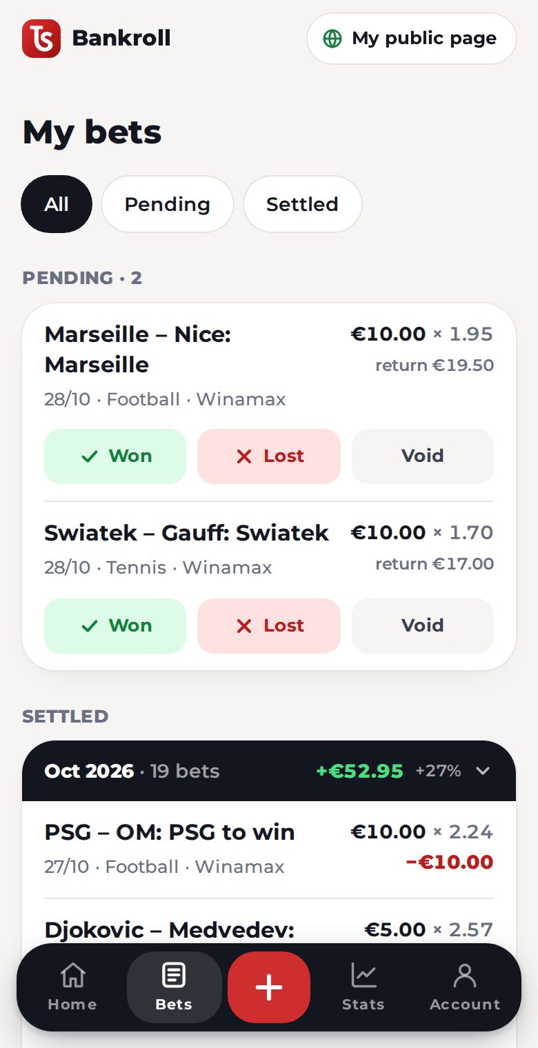 My bets: pending bets, then the months with their summary