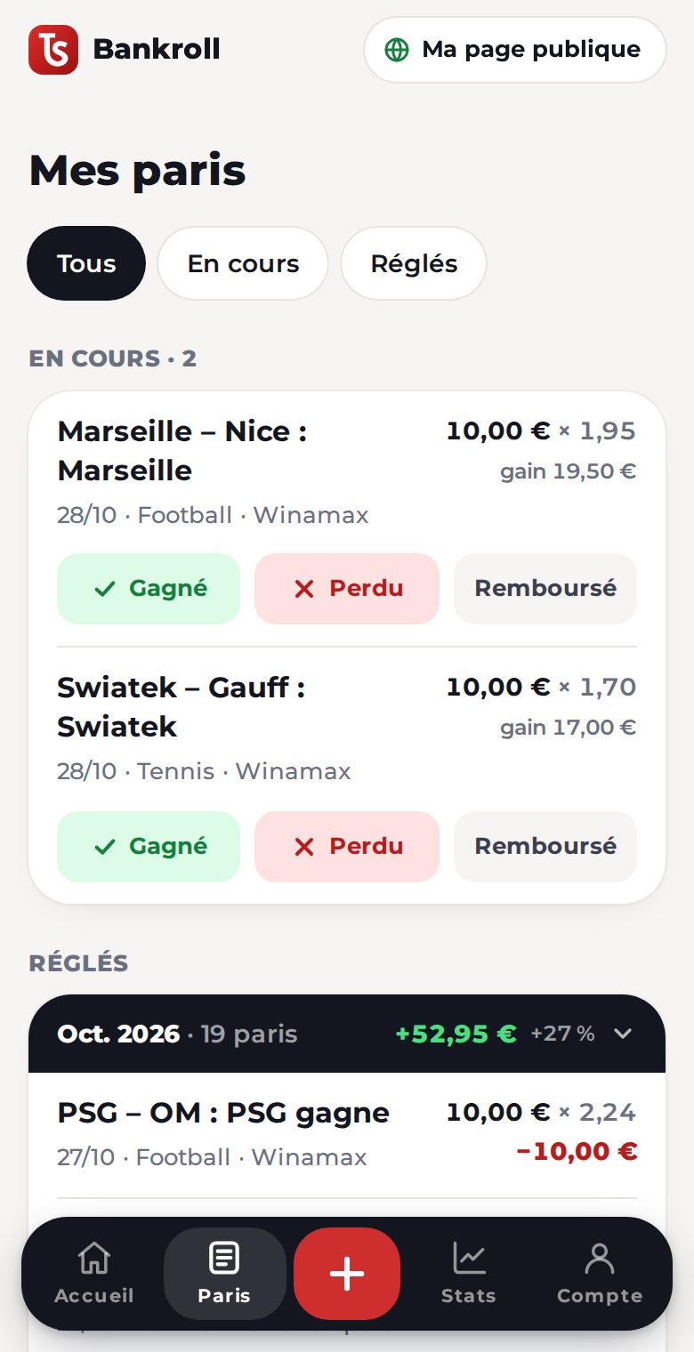 Mes paris : les paris en cours, puis les mois avec leur bilan
