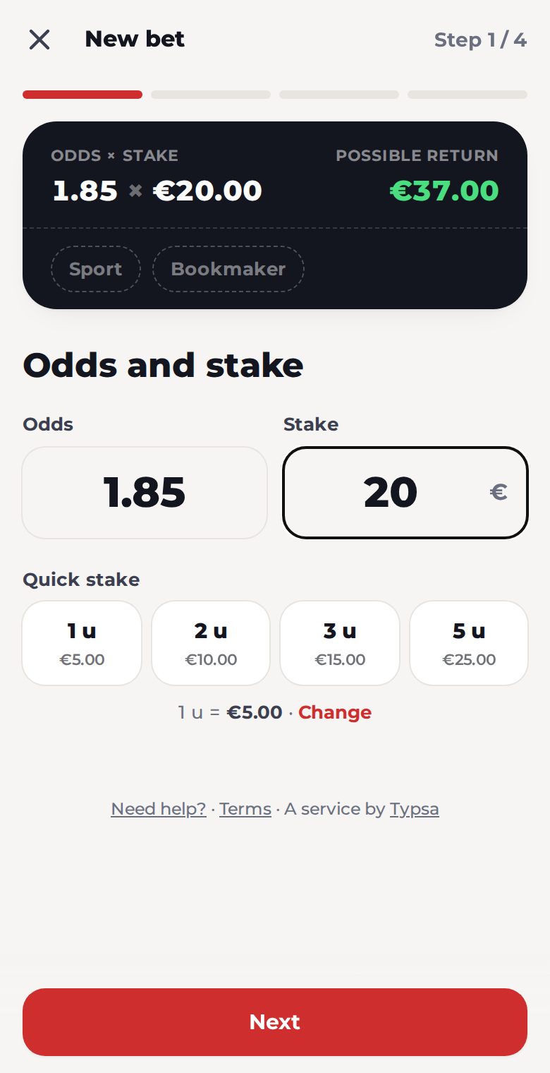 Adding a bet: odds, stake and potential return
