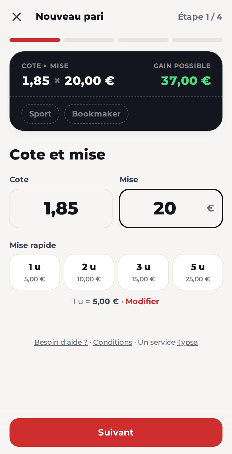 Ajout d'un pari : cote, mise et gain possible