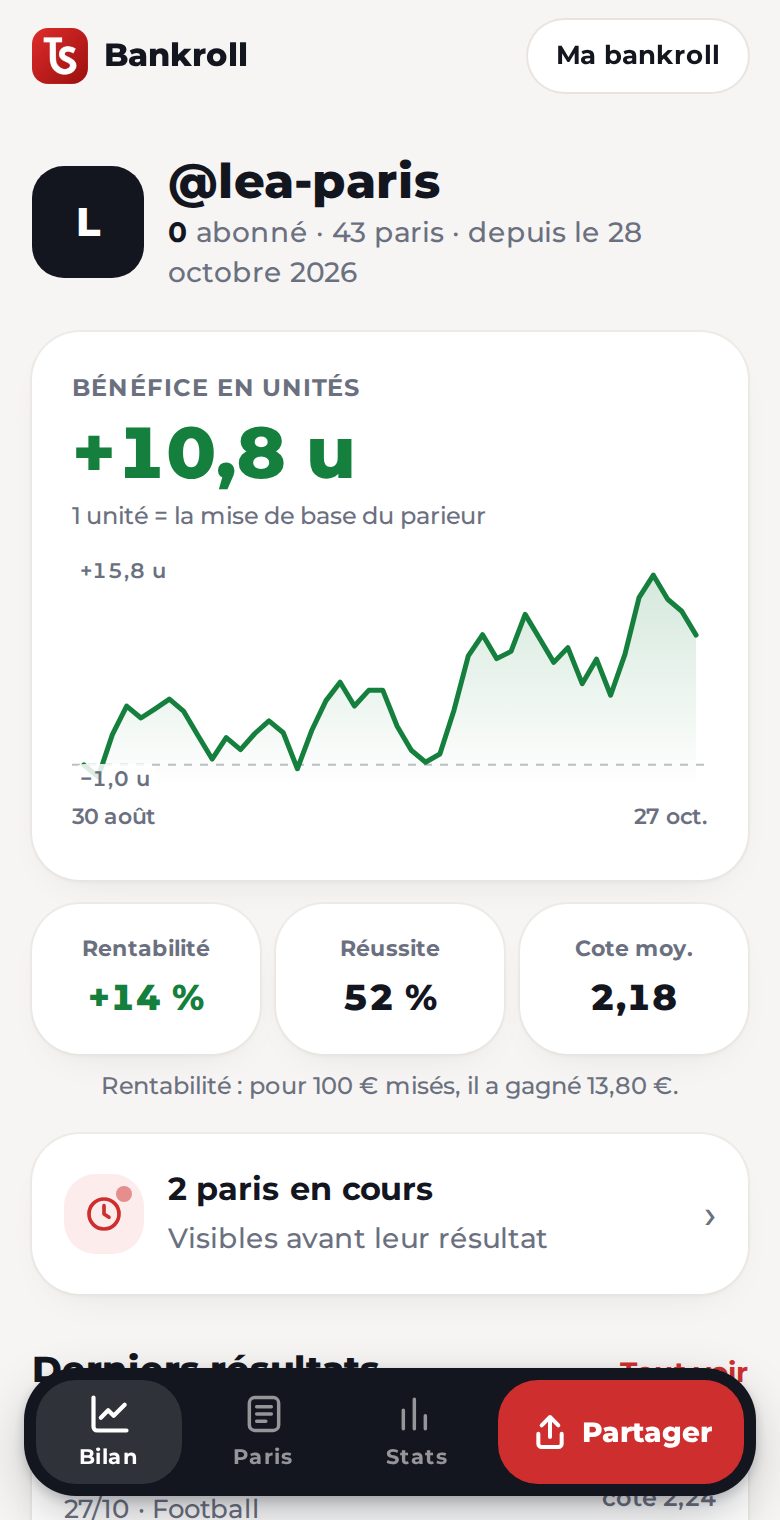Page publique d'une bankroll en unités
